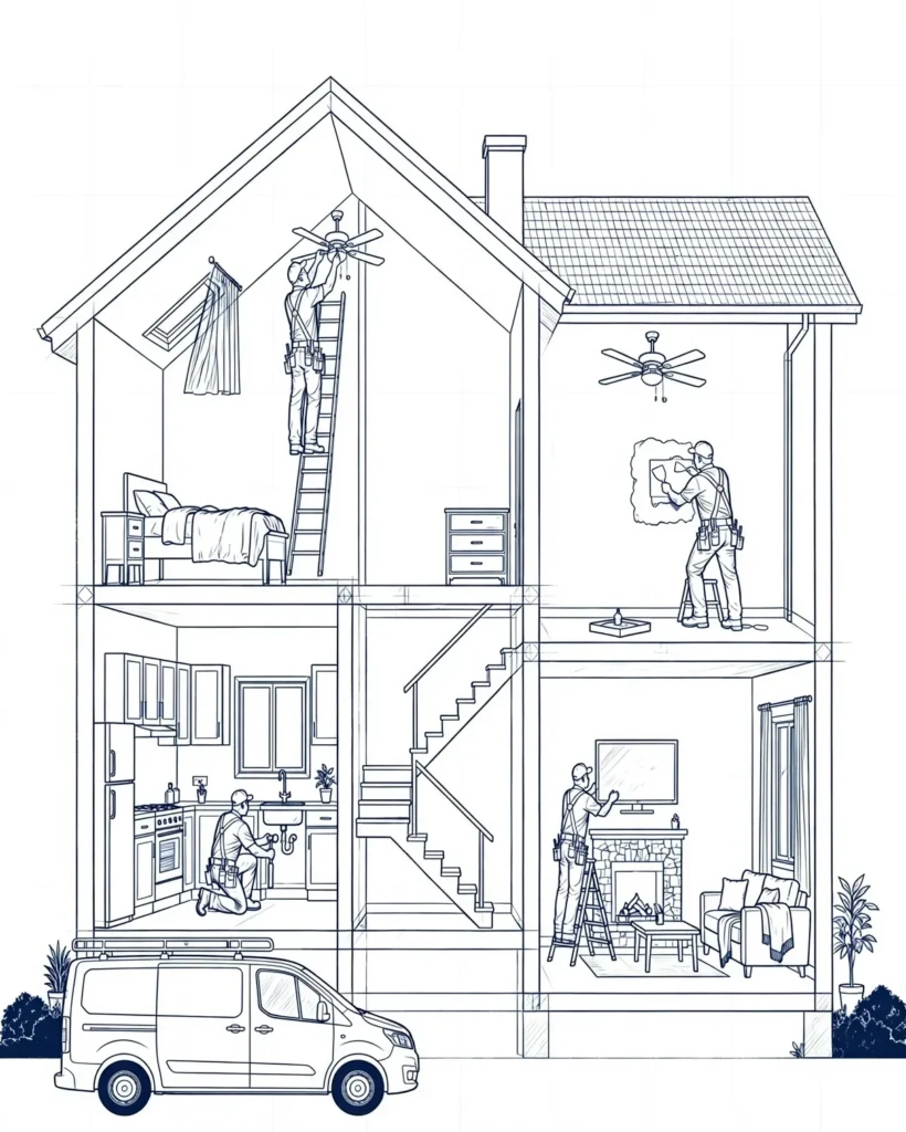 Handyman at work in a house: ceiling fan installation, drywall repair, kitchen sink plumbing and TV mounting above a fireplace — blueprint illustration