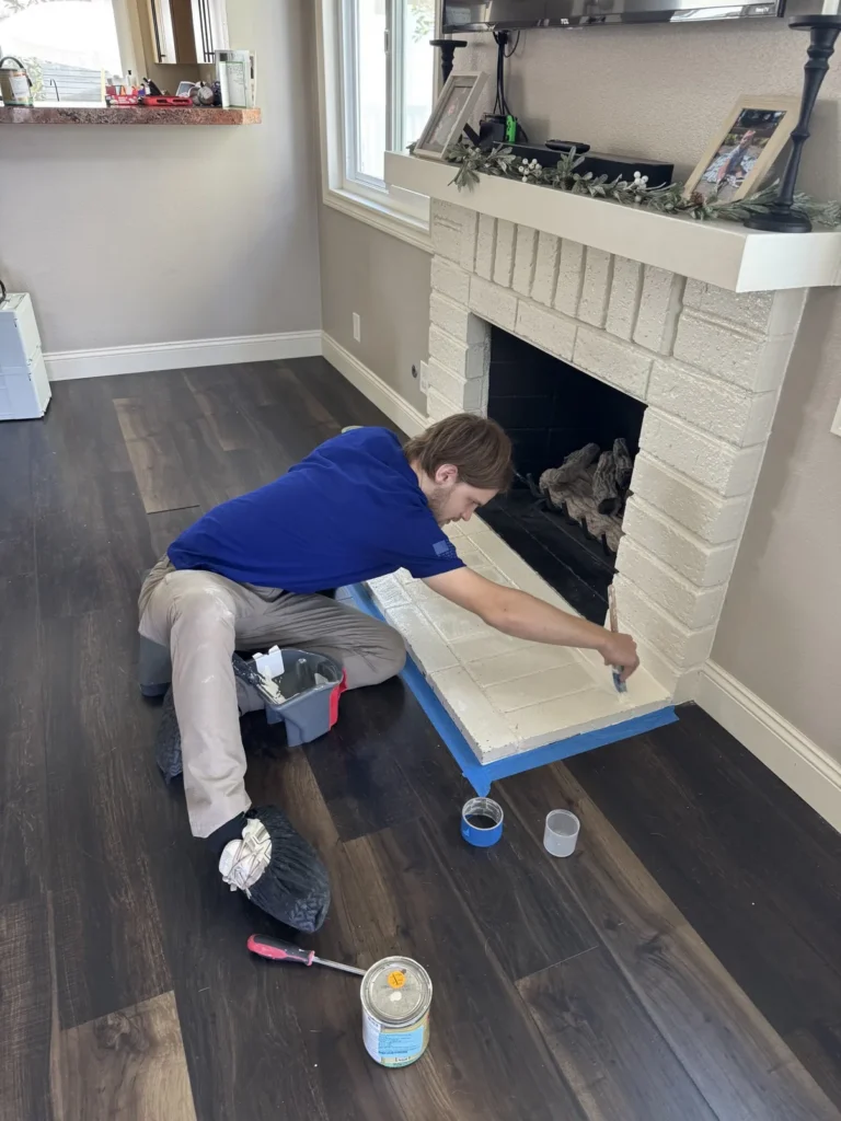 Brick fireplace painting in living room