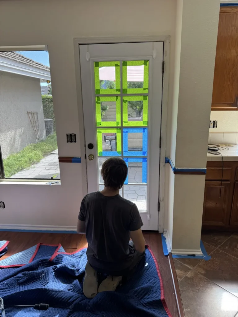 French door glass masking before painting